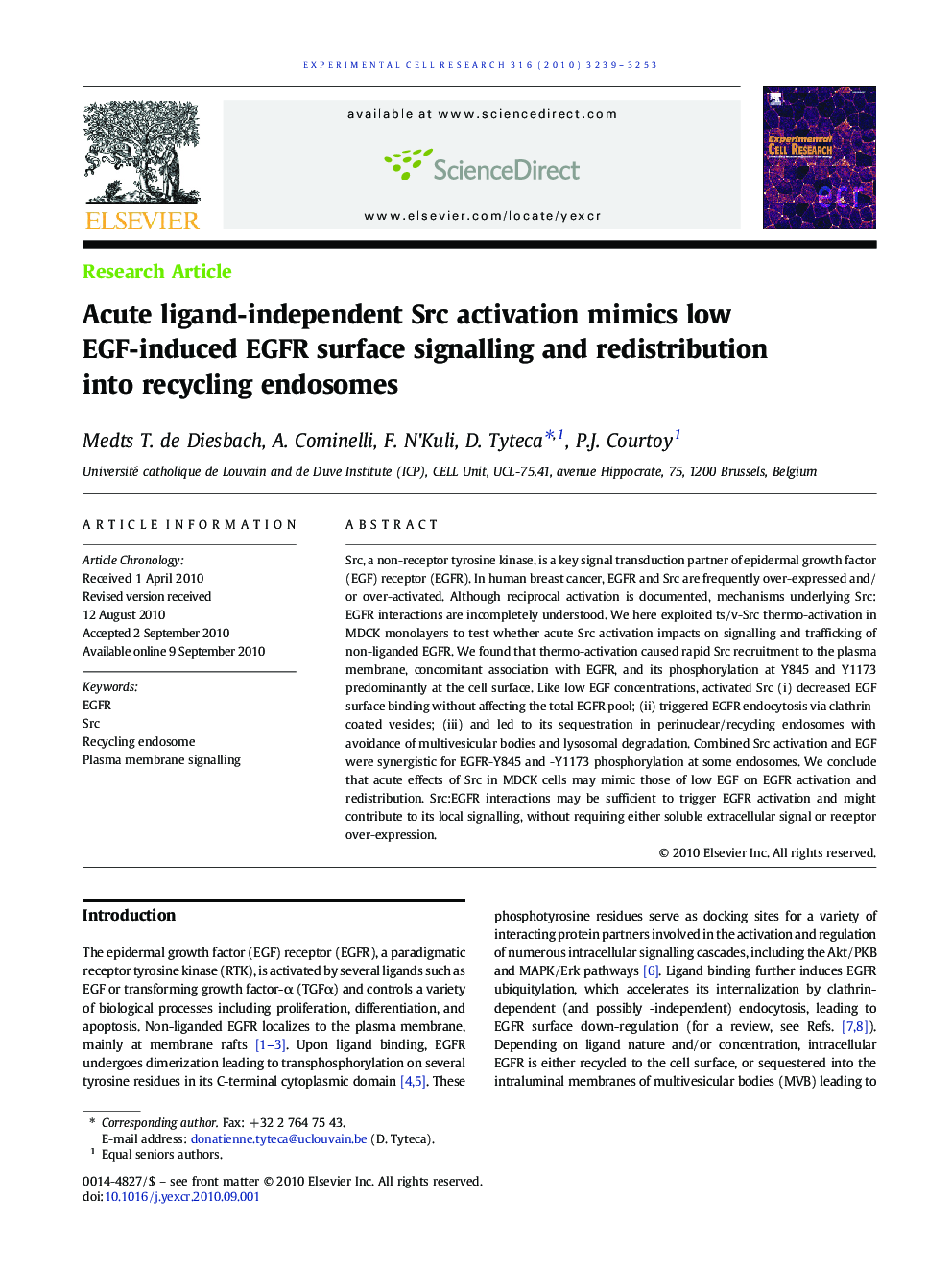 Acute ligand-independent Src activation mimics low EGF-induced EGFR surface signalling and redistribution into recycling endosomes