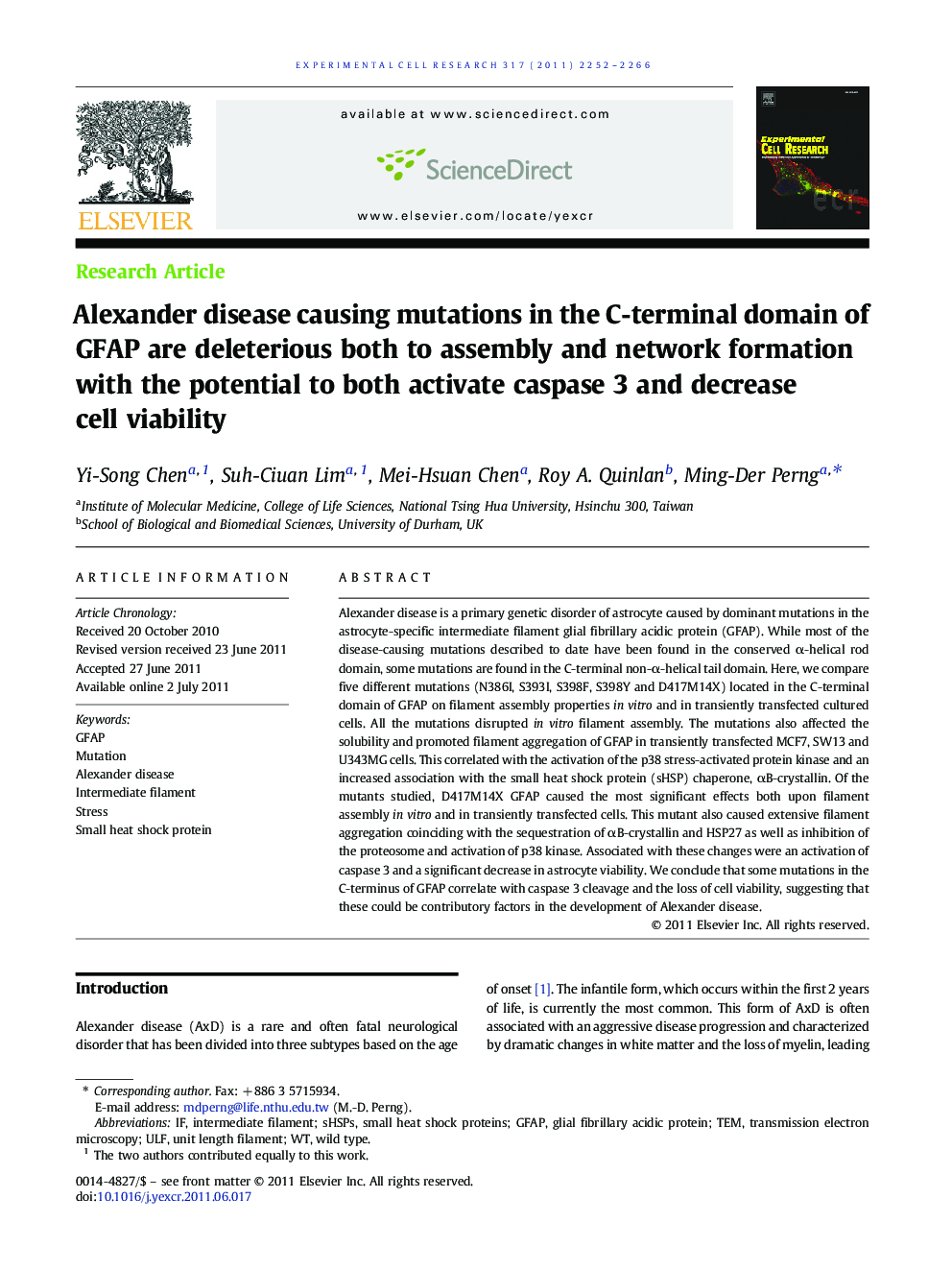 Alexander disease causing mutations in the C-terminal domain of GFAP are deleterious both to assembly and network formation with the potential to both activate caspase 3 and decrease cell viability