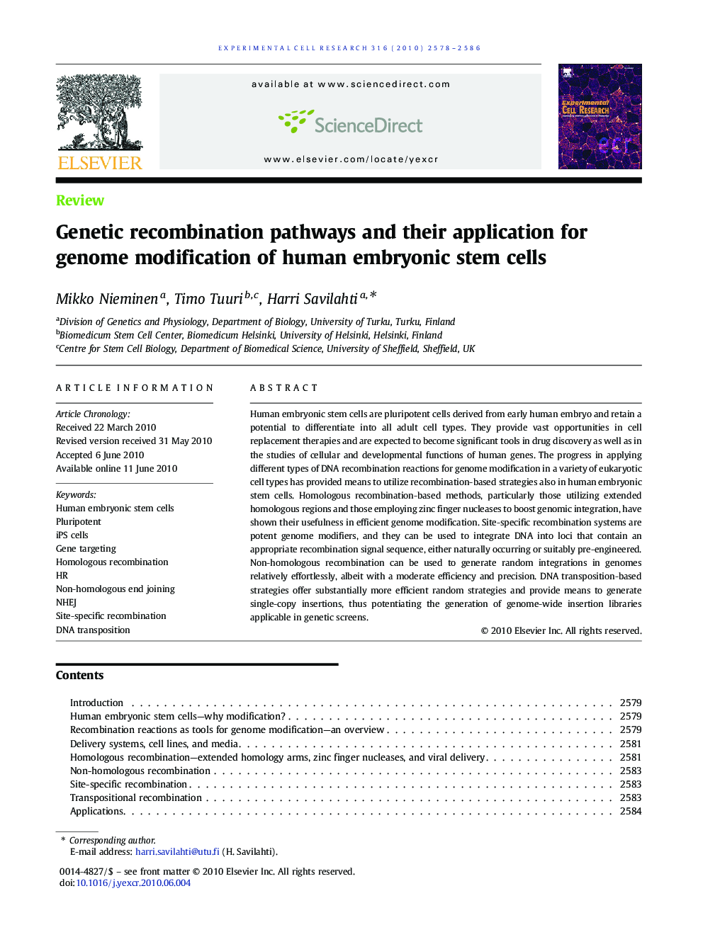 Genetic recombination pathways and their application for genome modification of human embryonic stem cells