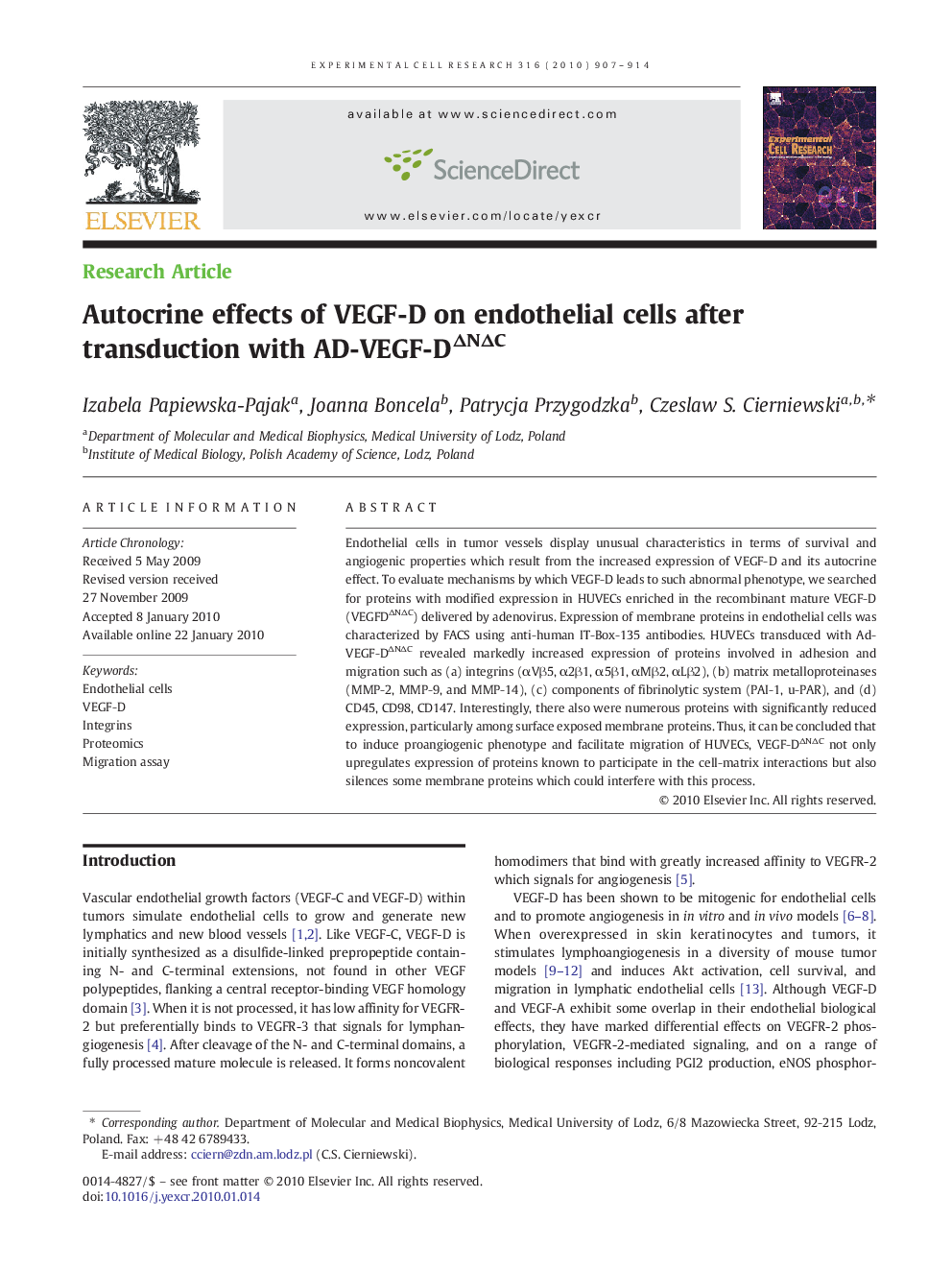 Autocrine effects of VEGF-D on endothelial cells after transduction with AD-VEGF-DΔNΔC