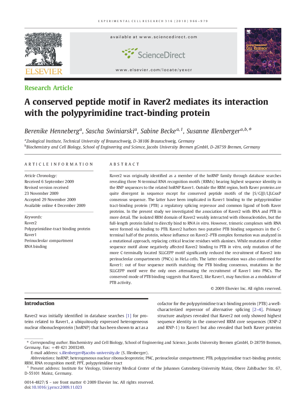 A conserved peptide motif in Raver2 mediates its interaction with the polypyrimidine tract-binding protein