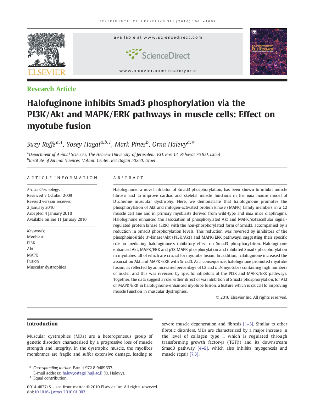 Halofuginone inhibits Smad3 phosphorylation via the PI3K/Akt and MAPK/ERK pathways in muscle cells: Effect on myotube fusion