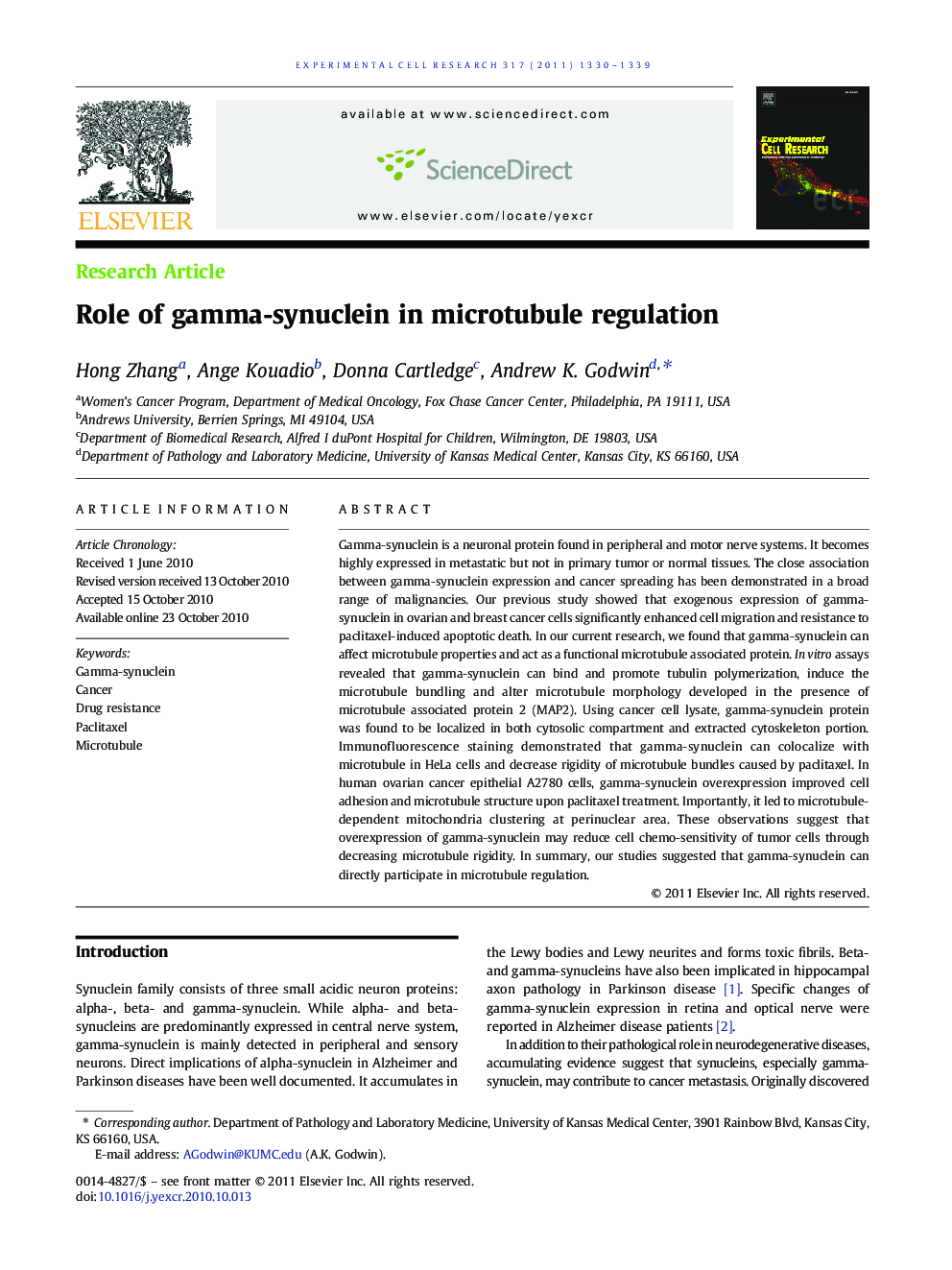 Role of gamma-synuclein in microtubule regulation