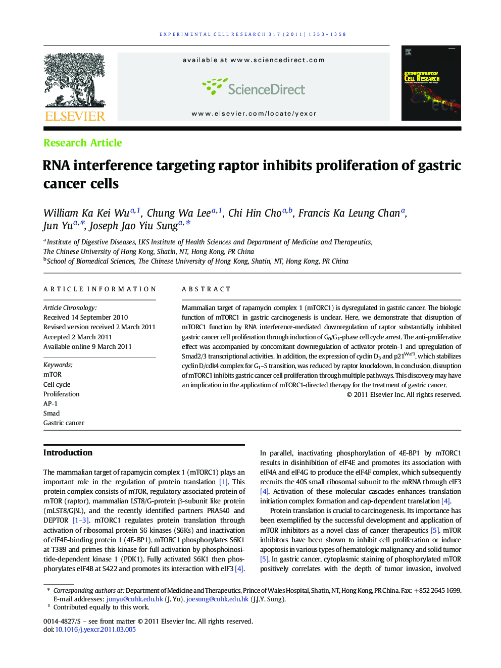 RNA interference targeting raptor inhibits proliferation of gastric cancer cells
