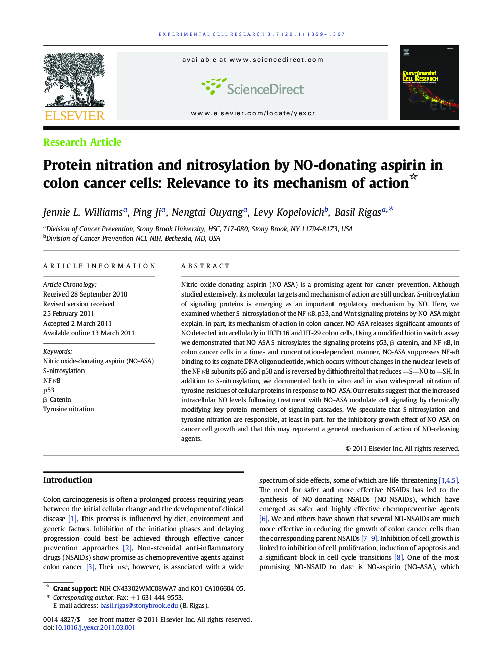 Protein nitration and nitrosylation by NO-donating aspirin in colon cancer cells: Relevance to its mechanism of action 