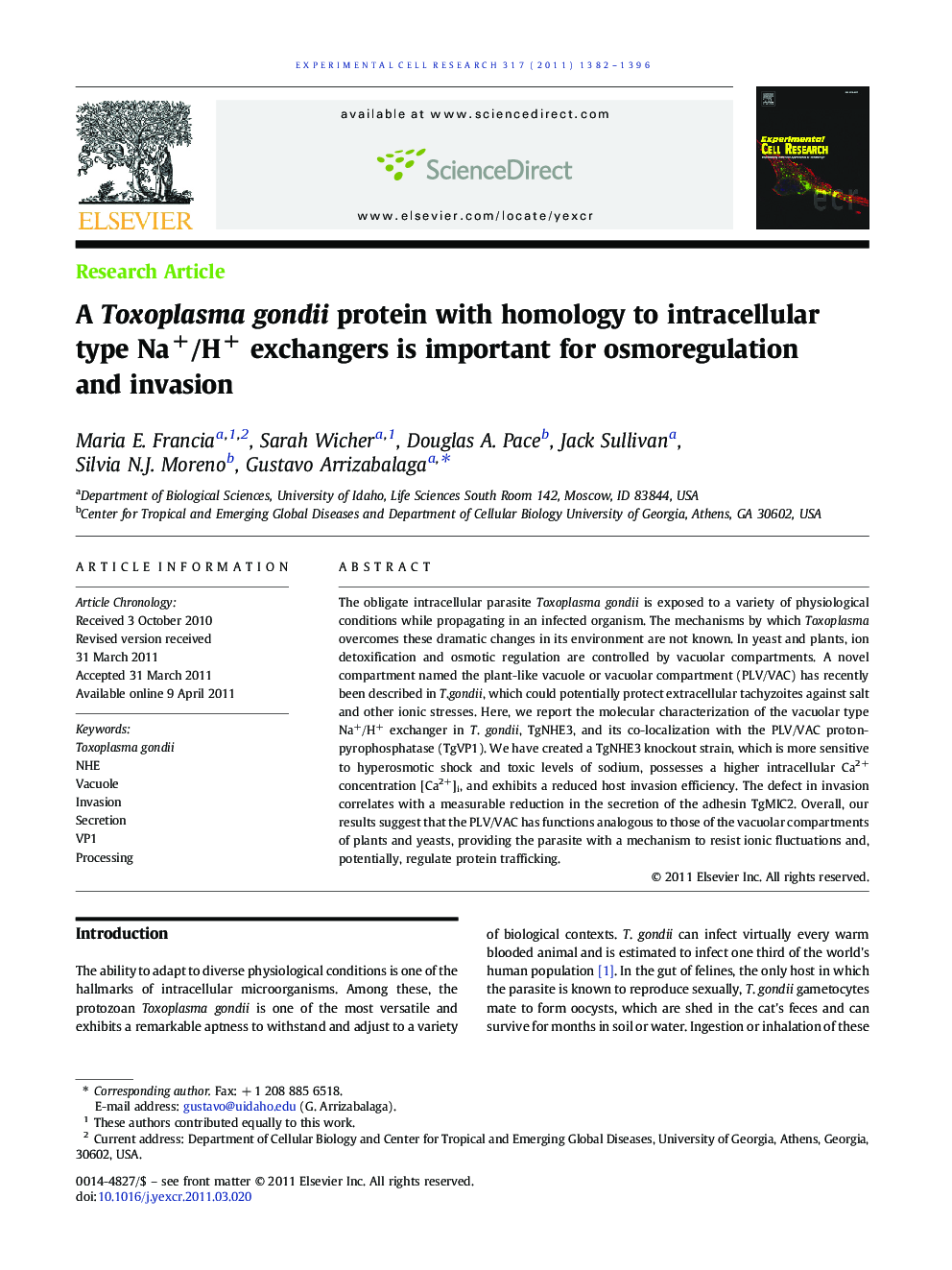 A Toxoplasma gondii protein with homology to intracellular type Na+/H+ exchangers is important for osmoregulation and invasion