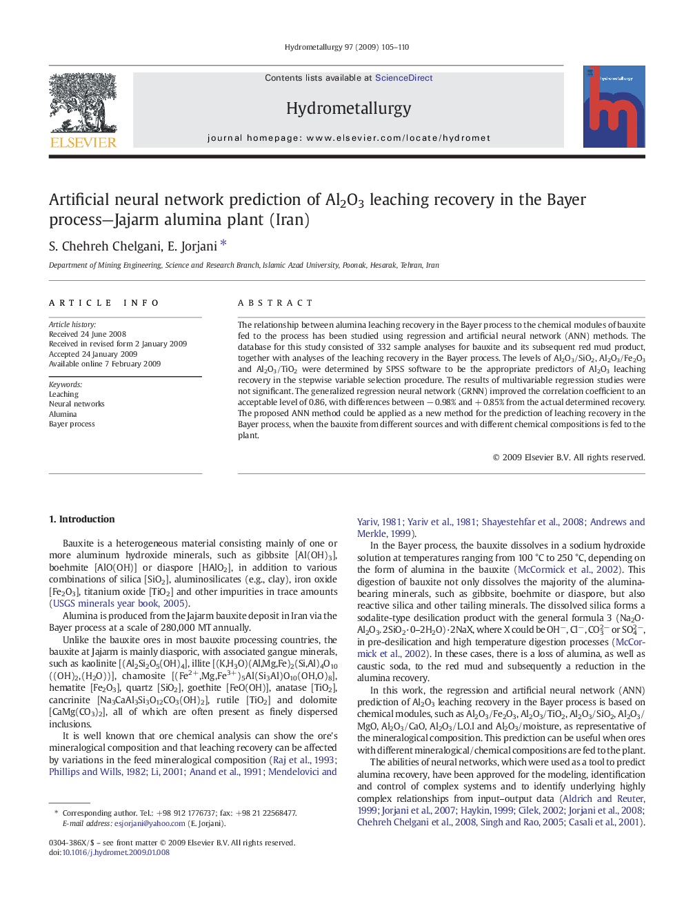 Artificial neural network prediction of Al2O3 leaching recovery in the Bayer process—Jajarm alumina plant (Iran)