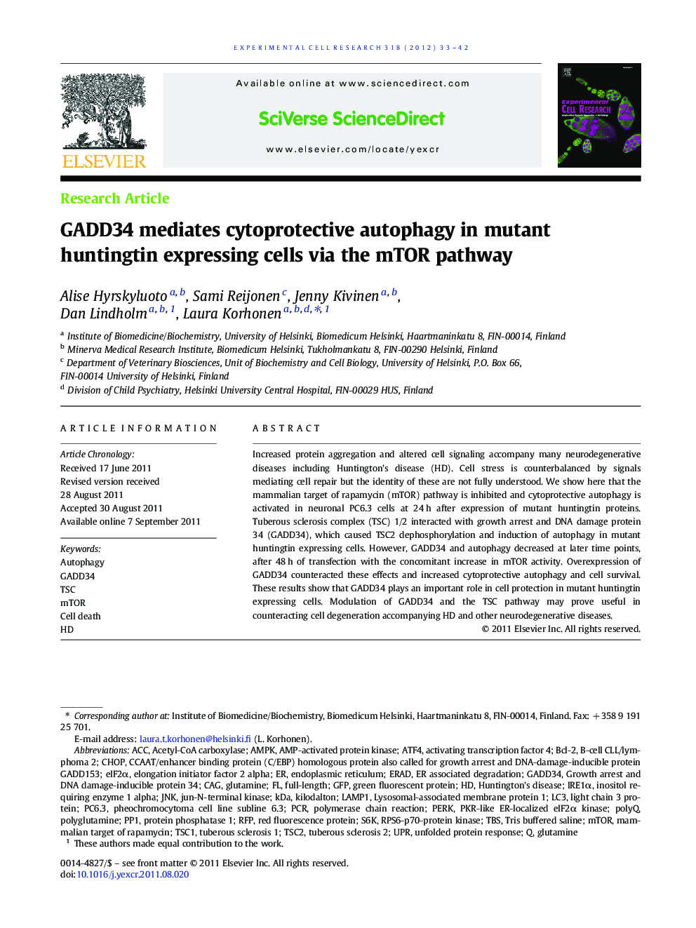 GADD34 mediates cytoprotective autophagy in mutant huntingtin expressing cells via the mTOR pathway