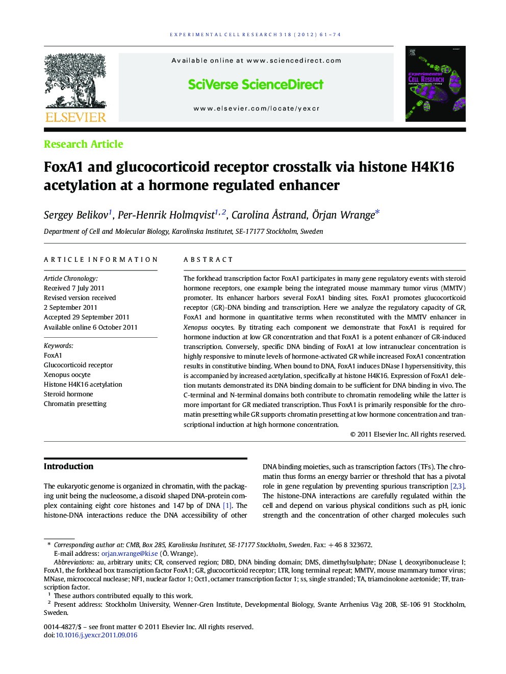 FoxA1 and glucocorticoid receptor crosstalk via histone H4K16 acetylation at a hormone regulated enhancer