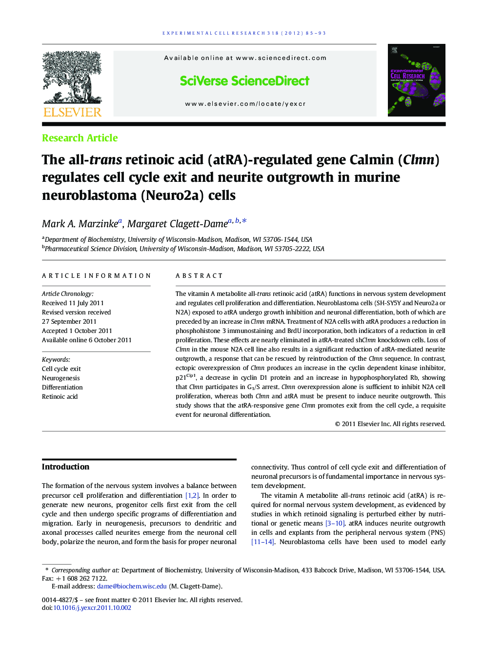 The all-trans retinoic acid (atRA)-regulated gene Calmin (Clmn) regulates cell cycle exit and neurite outgrowth in murine neuroblastoma (Neuro2a) cells