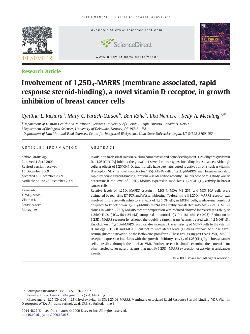 Involvement of 1,25D3-MARRS (membrane associated, rapid response steroid-binding), a novel vitamin D receptor, in growth inhibition of breast cancer cells