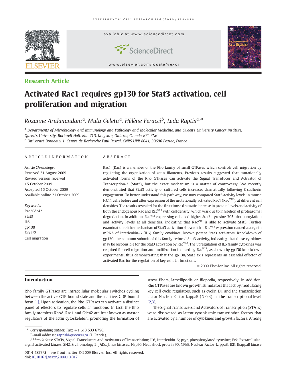 Activated Rac1 requires gp130 for Stat3 activation, cell proliferation and migration