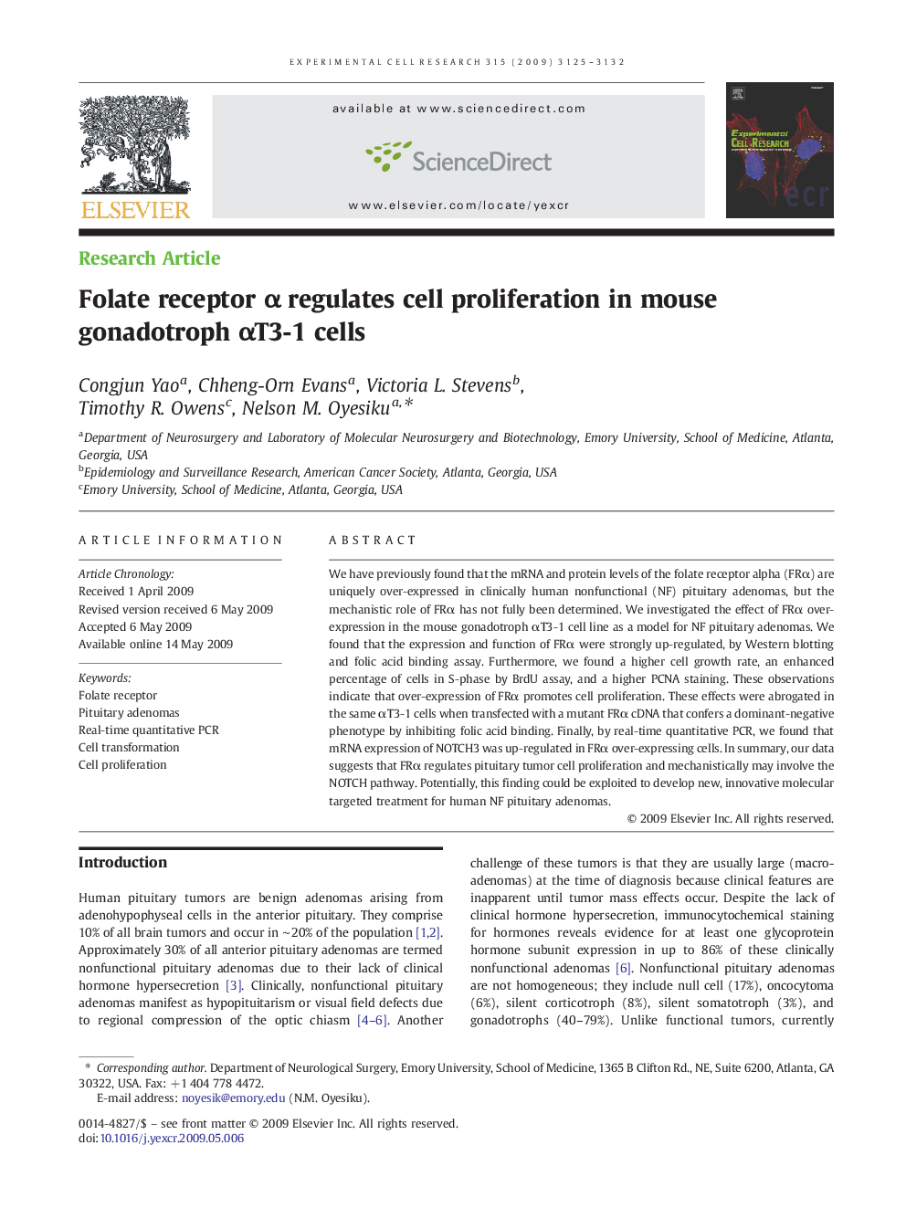 Folate receptor α regulates cell proliferation in mouse gonadotroph αT3-1 cells