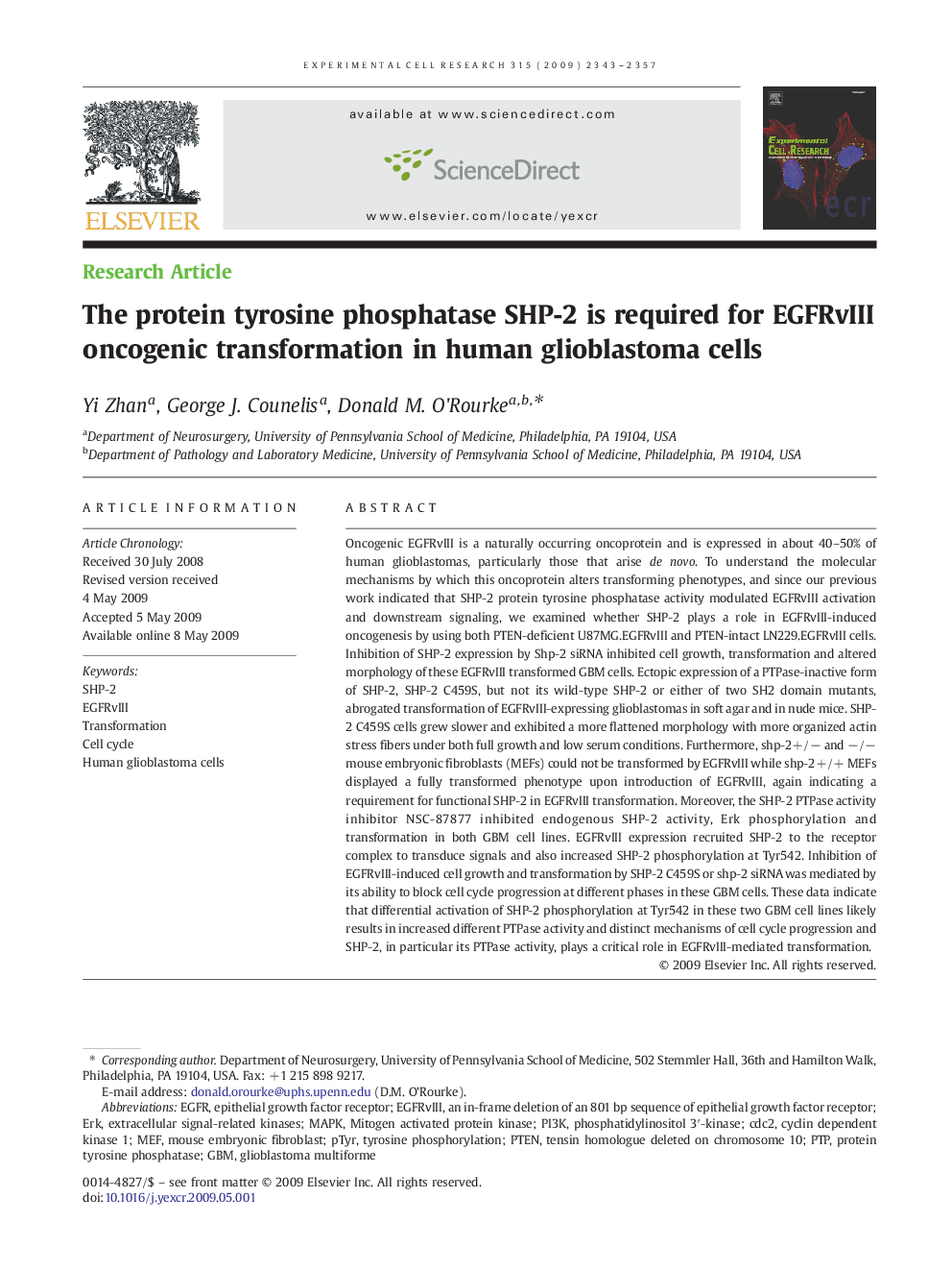 The protein tyrosine phosphatase SHP-2 is required for EGFRvIII oncogenic transformation in human glioblastoma cells