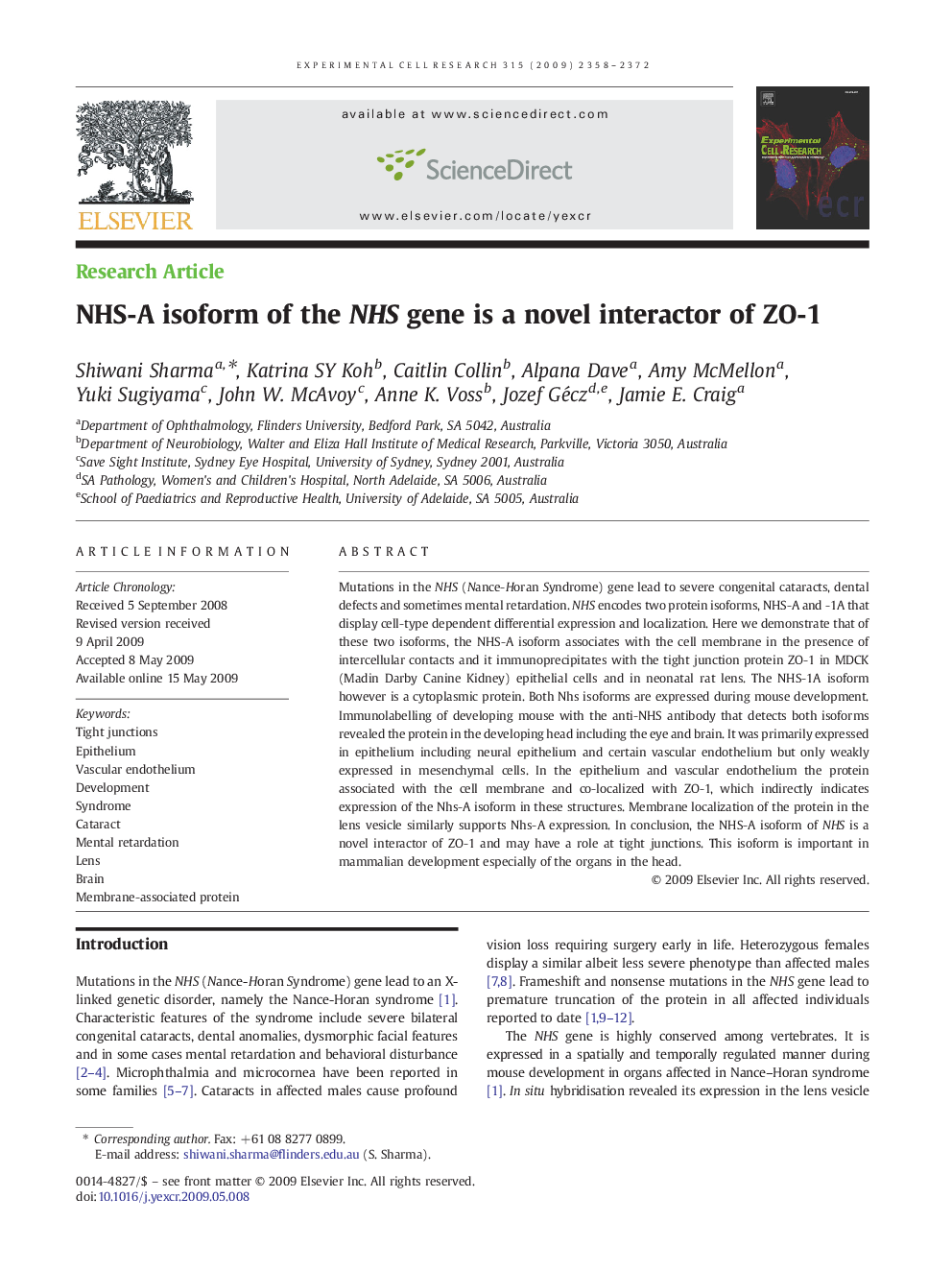 NHS-A isoform of the NHS gene is a novel interactor of ZO-1