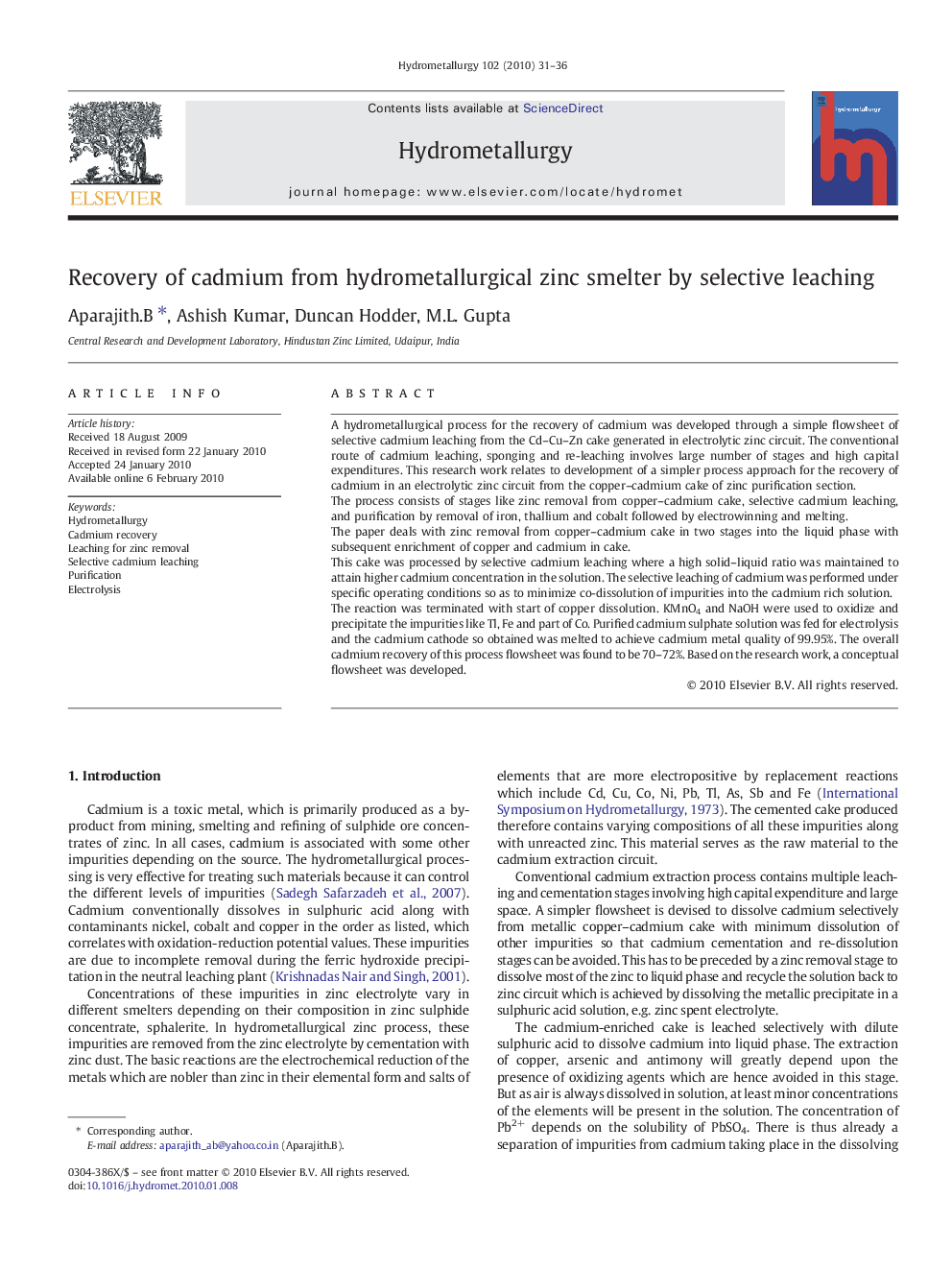 Recovery of cadmium from hydrometallurgical zinc smelter by selective leaching