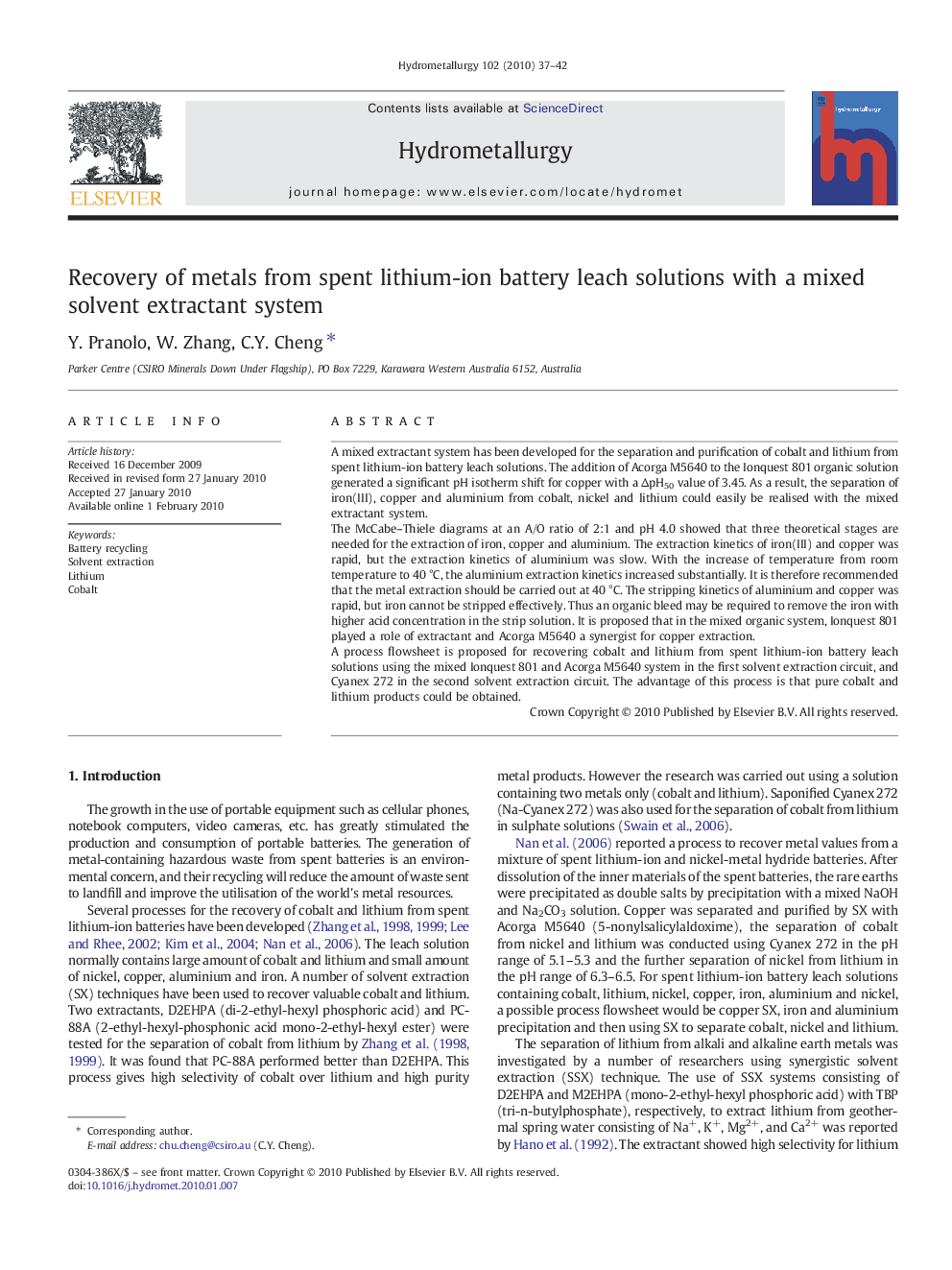 Recovery of metals from spent lithium-ion battery leach solutions with a mixed solvent extractant system