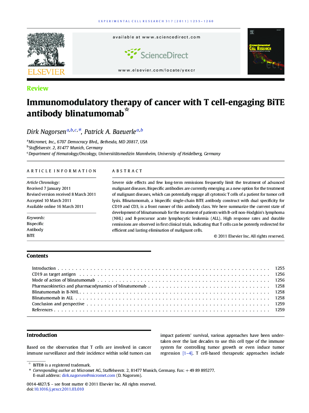 Immunomodulatory therapy of cancer with T cell-engaging BiTE antibody blinatumomab 