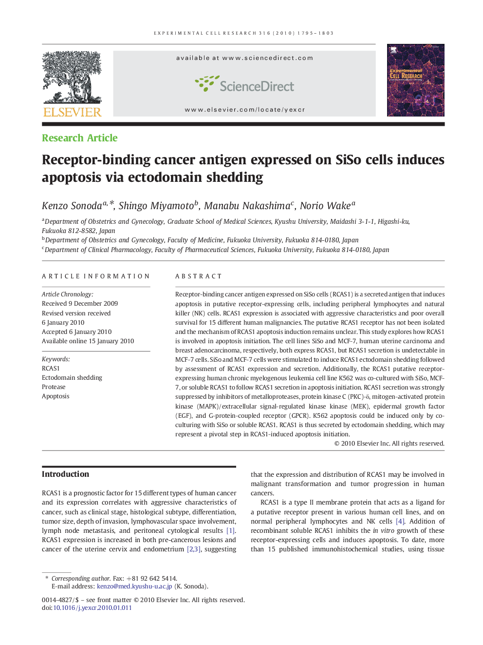 Receptor-binding cancer antigen expressed on SiSo cells induces apoptosis via ectodomain shedding