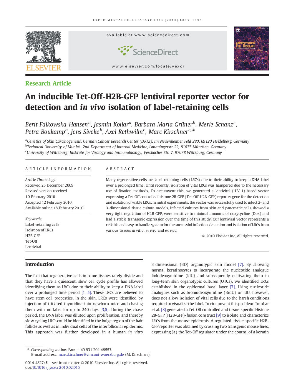 An inducible Tet-Off-H2B-GFP lentiviral reporter vector for detection and in vivo isolation of label-retaining cells