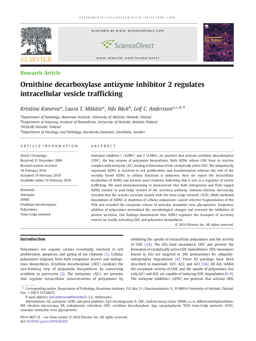 Ornithine decarboxylase antizyme inhibitor 2 regulates intracellular vesicle trafficking