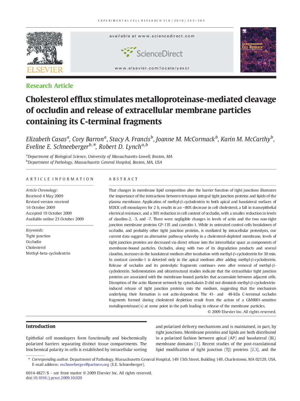 Cholesterol efflux stimulates metalloproteinase-mediated cleavage of occludin and release of extracellular membrane particles containing its C-terminal fragments