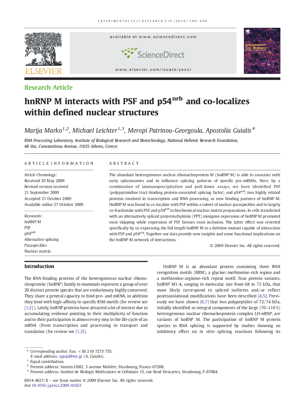 hnRNP M interacts with PSF and p54nrb and co-localizes within defined nuclear structures