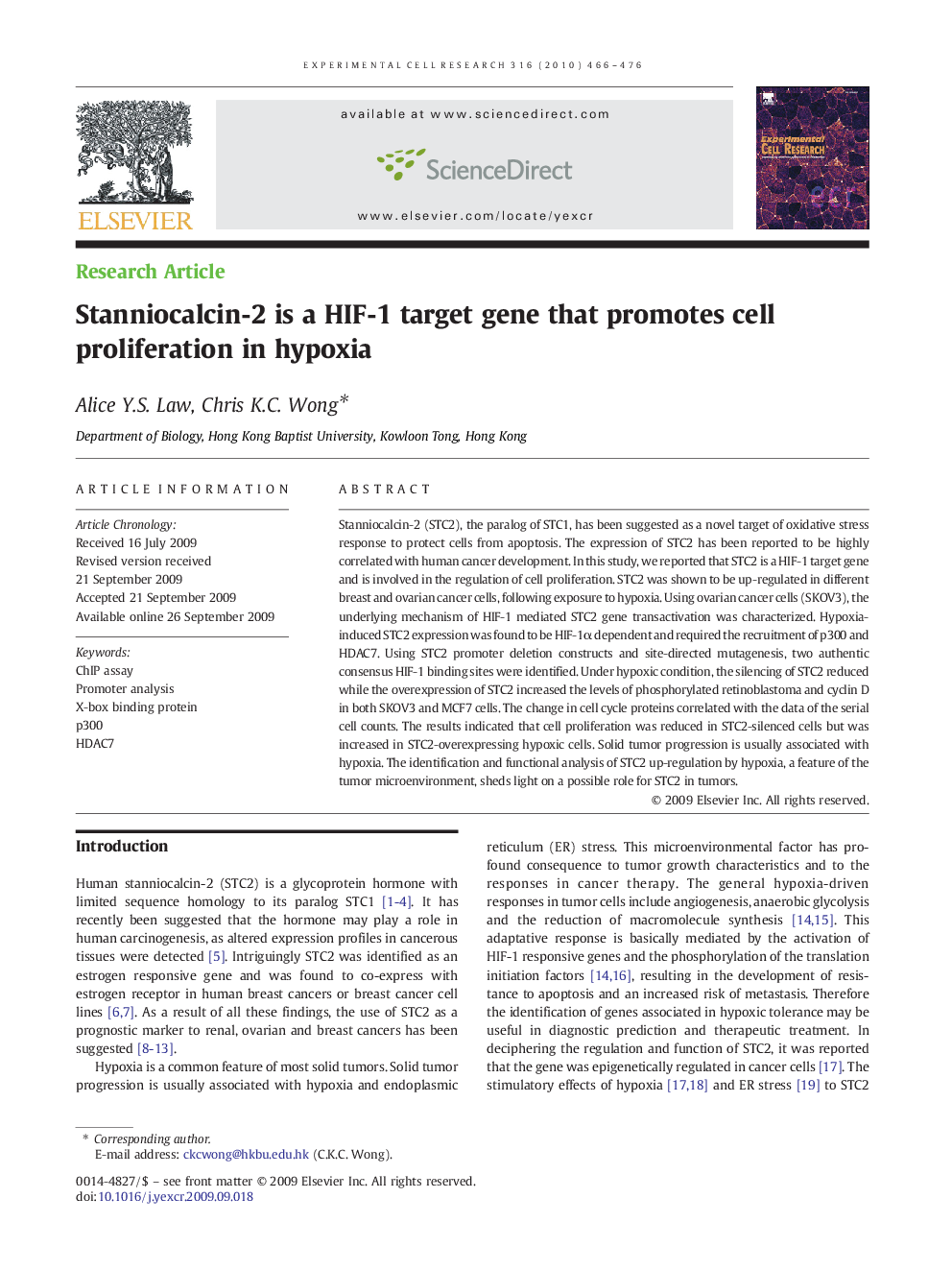 Stanniocalcin-2 is a HIF-1 target gene that promotes cell proliferation in hypoxia