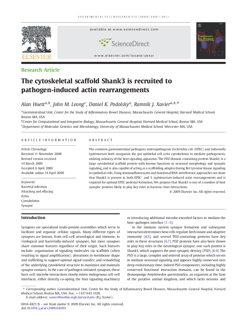 The cytoskeletal scaffold Shank3 is recruited to pathogen-induced actin rearrangements