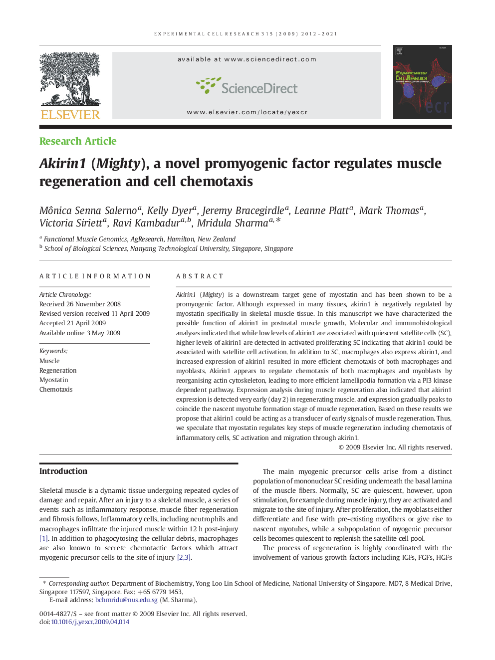 Akirin1 (Mighty), a novel promyogenic factor regulates muscle regeneration and cell chemotaxis