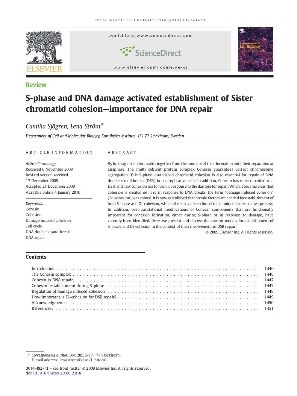 S-phase and DNA damage activated establishment of Sister chromatid cohesion—importance for DNA repair