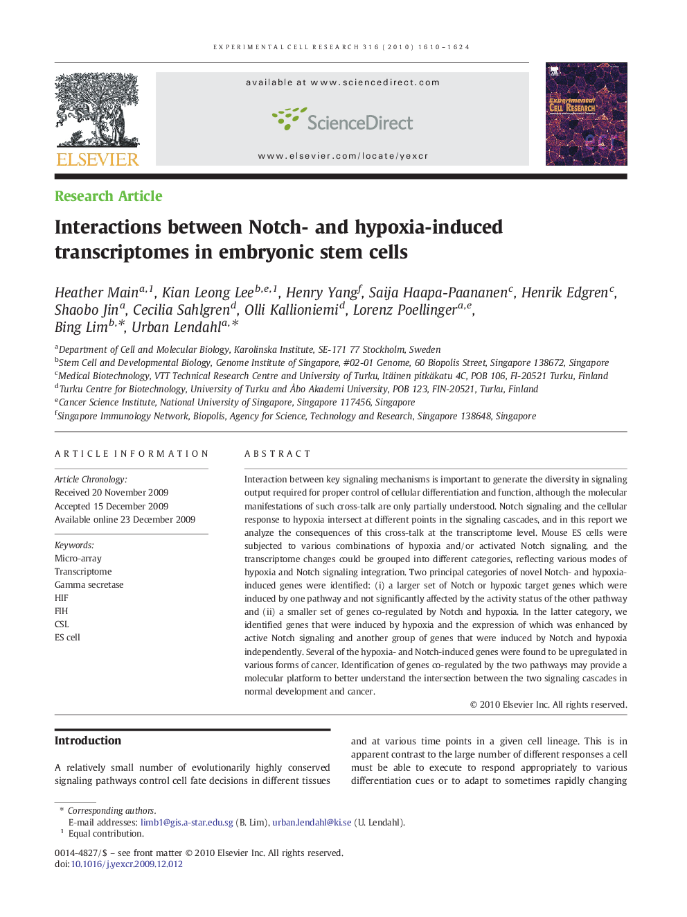 Interactions between Notch- and hypoxia-induced transcriptomes in embryonic stem cells