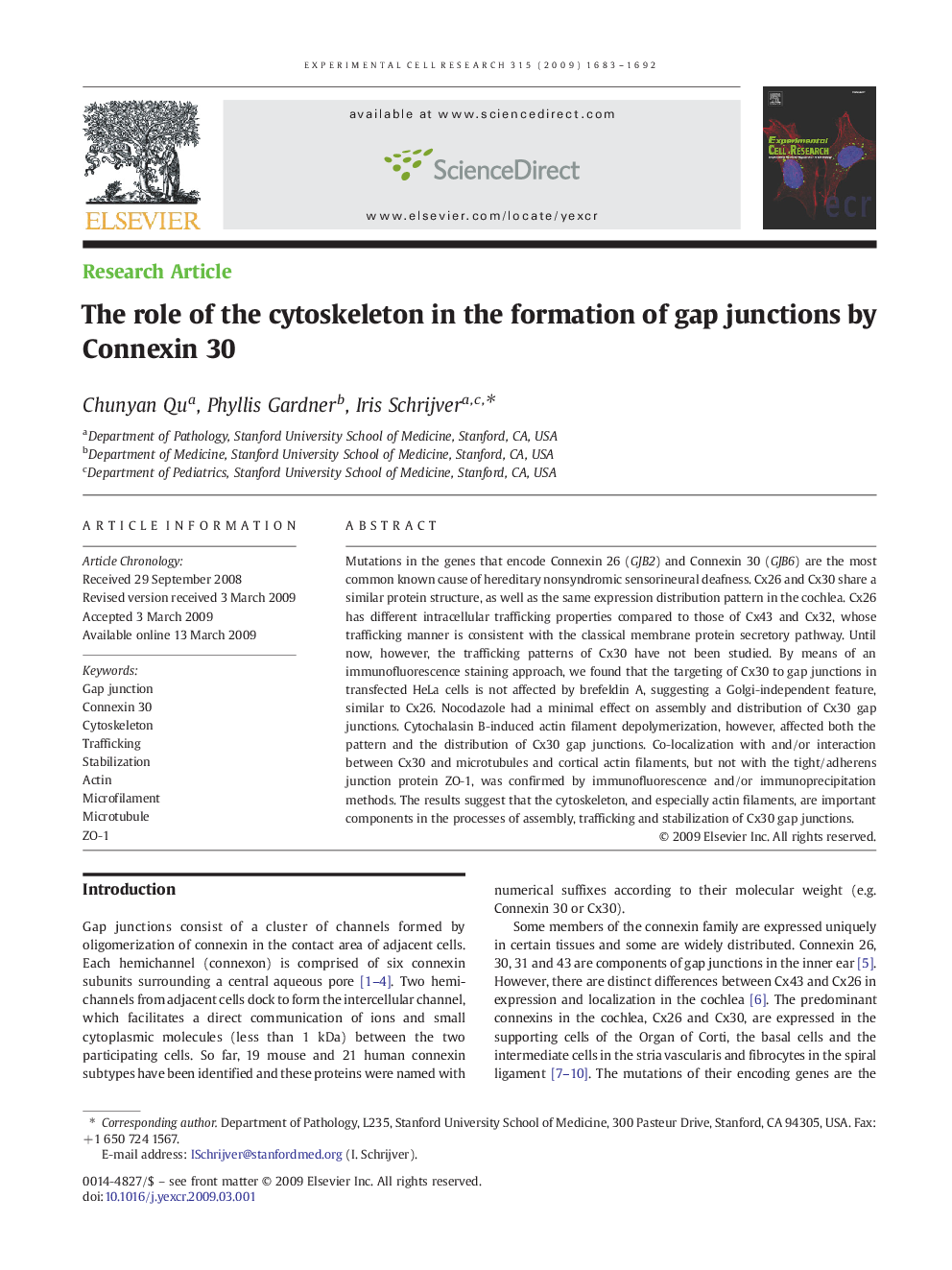 The role of the cytoskeleton in the formation of gap junctions by Connexin 30