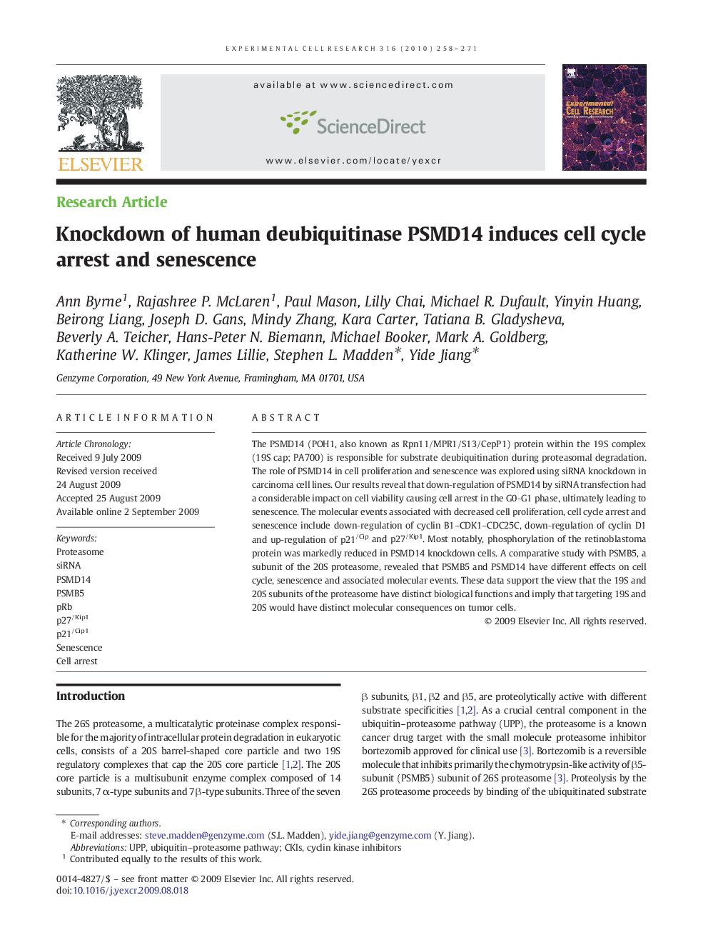 Knockdown of human deubiquitinase PSMD14 induces cell cycle arrest and senescence