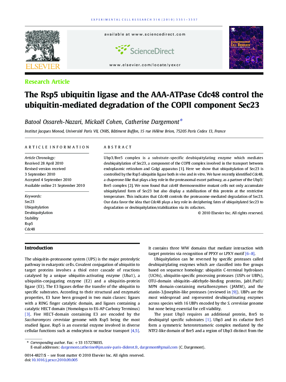 The Rsp5 ubiquitin ligase and the AAA-ATPase Cdc48 control the ubiquitin-mediated degradation of the COPII component Sec23