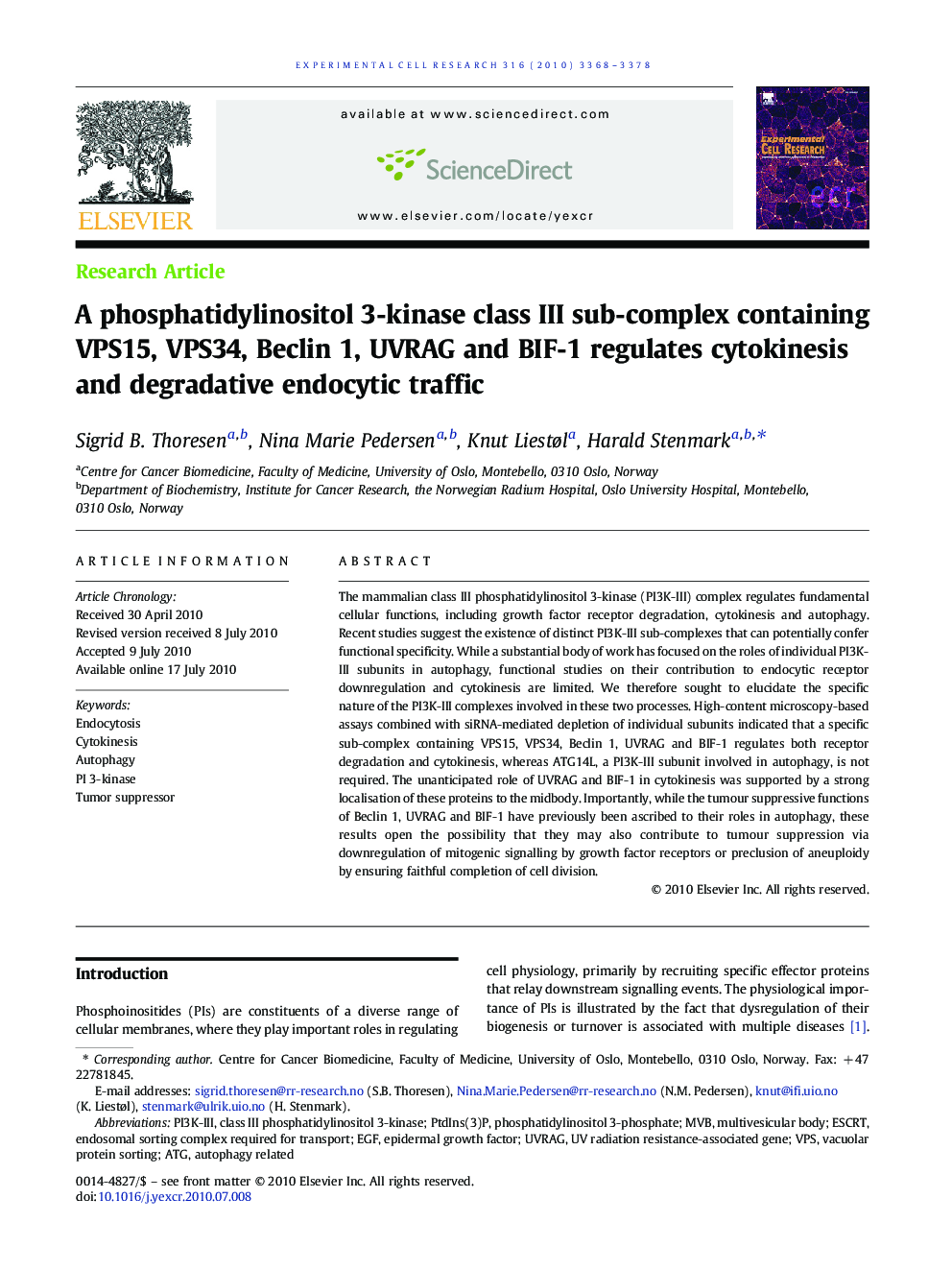 A phosphatidylinositol 3-kinase class III sub-complex containing VPS15, VPS34, Beclin 1, UVRAG and BIF-1 regulates cytokinesis and degradative endocytic traffic