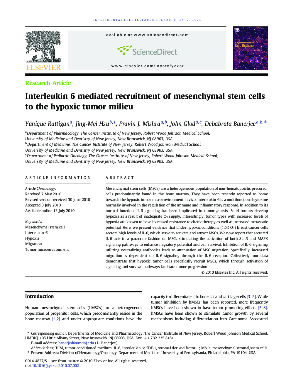 Interleukin 6 mediated recruitment of mesenchymal stem cells to the hypoxic tumor milieu