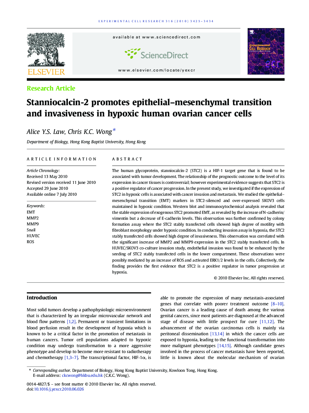 Stanniocalcin-2 promotes epithelial–mesenchymal transition and invasiveness in hypoxic human ovarian cancer cells