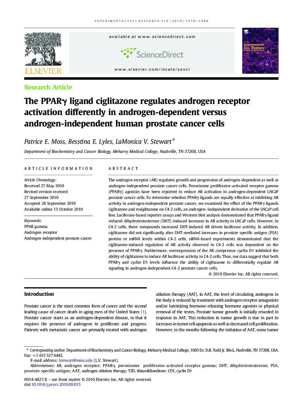 The PPARÎ³ ligand ciglitazone regulates androgen receptor activation differently in androgen-dependent versus androgen-independent human prostate cancer cells