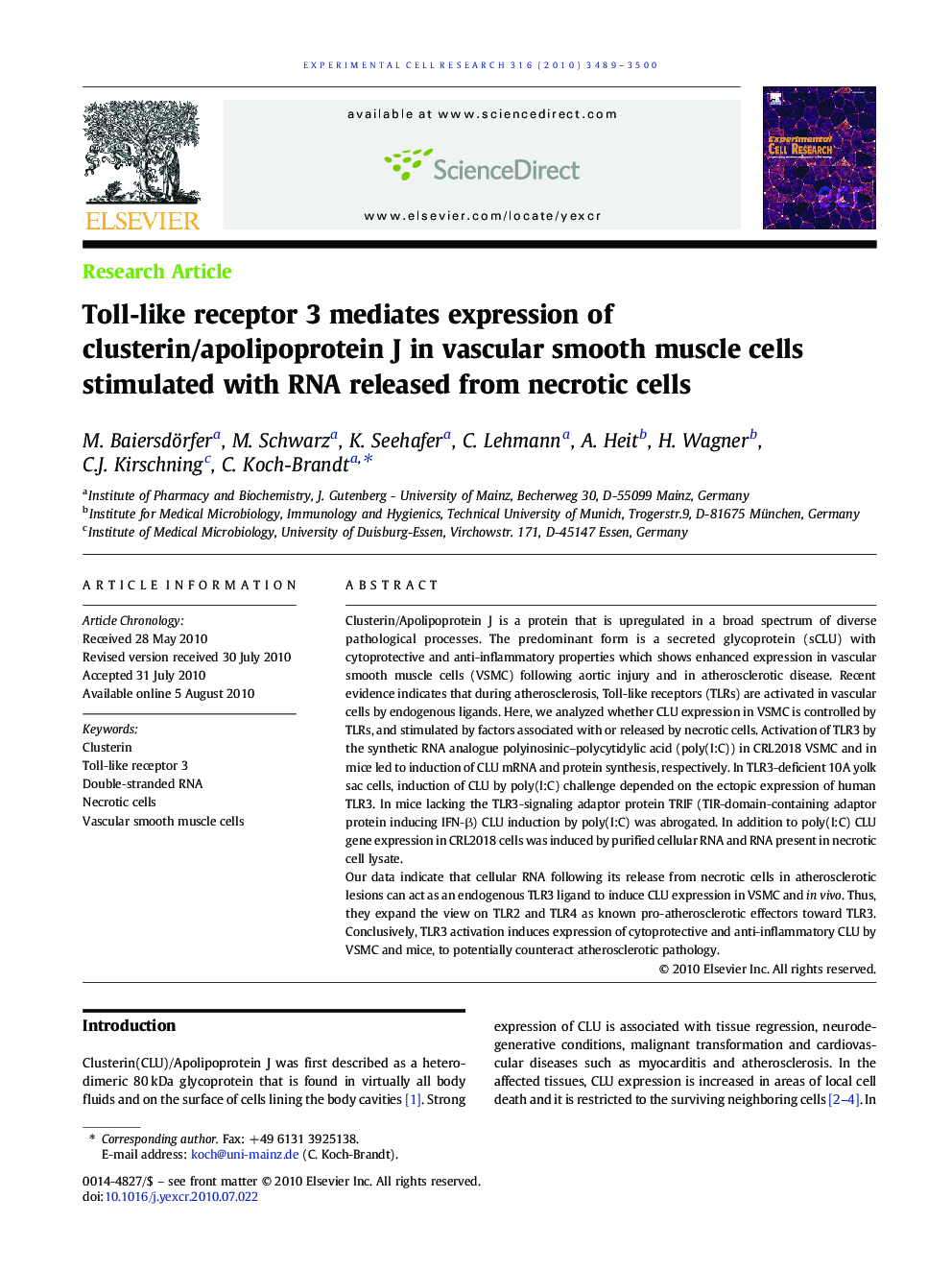 Toll-like receptor 3 mediates expression of clusterin/apolipoprotein J in vascular smooth muscle cells stimulated with RNA released from necrotic cells