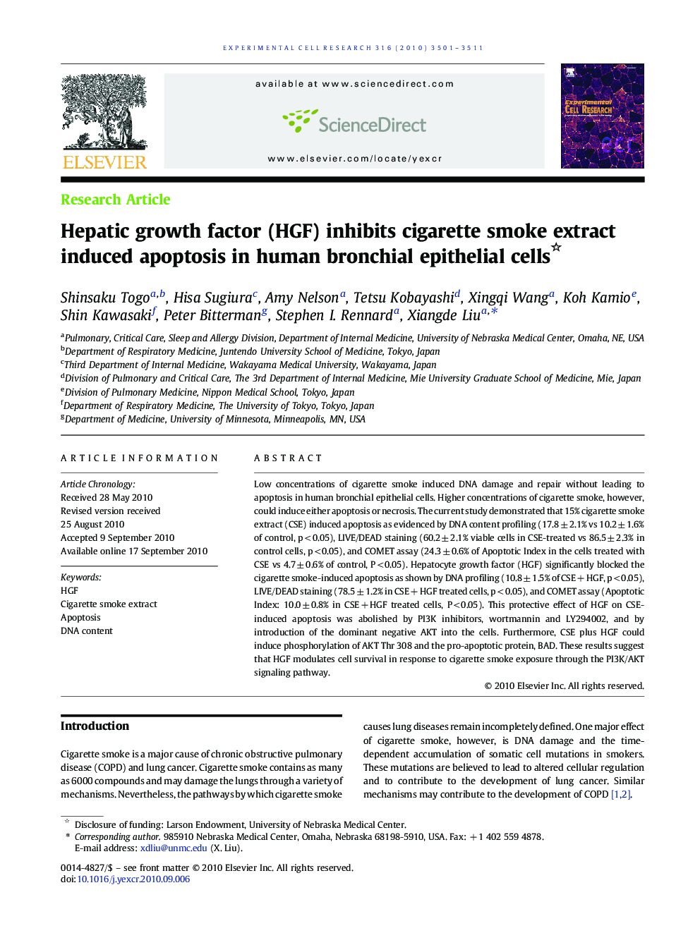 Hepatic growth factor (HGF) inhibits cigarette smoke extract induced apoptosis in human bronchial epithelial cells 