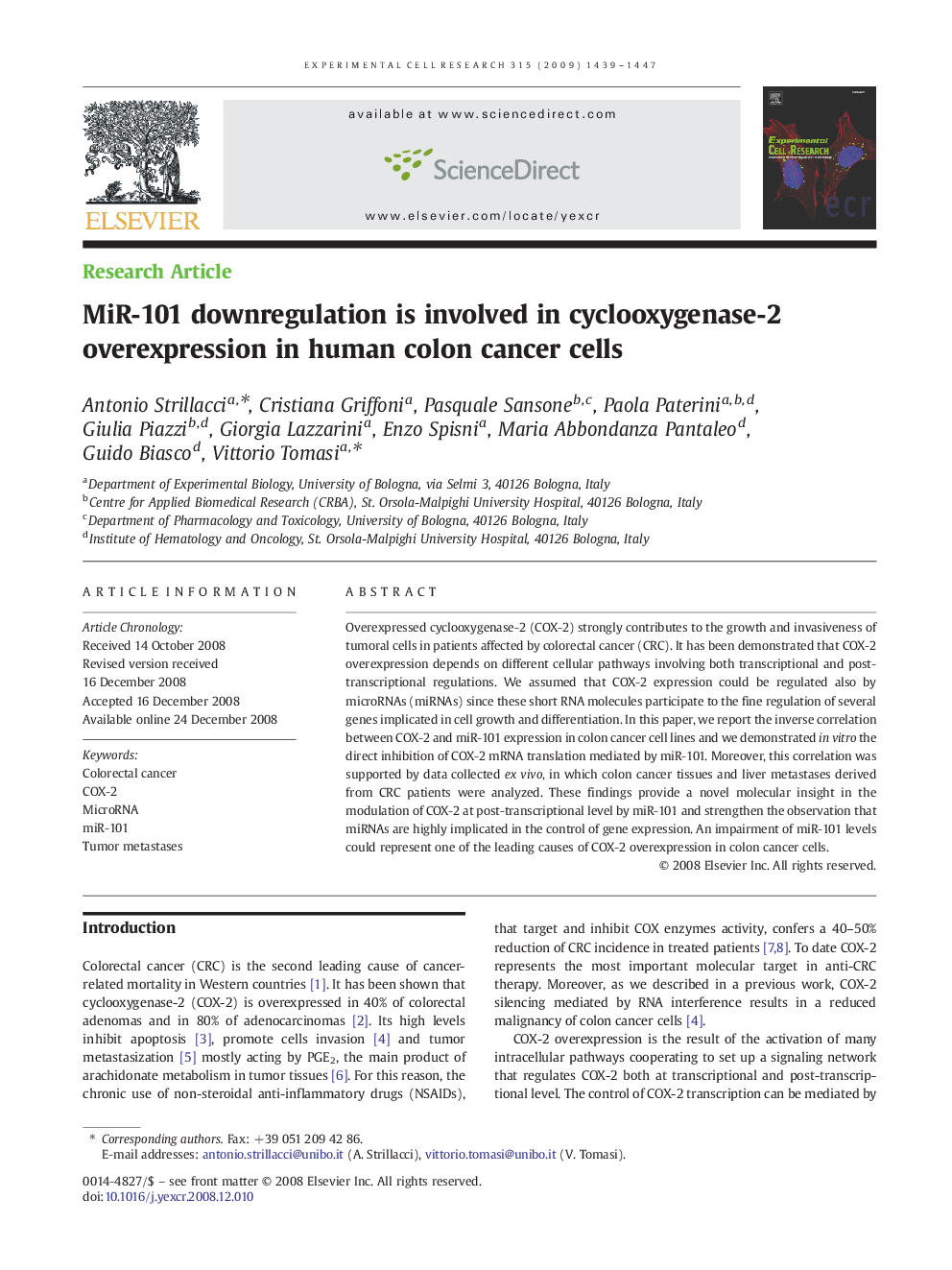 MiR-101 downregulation is involved in cyclooxygenase-2 overexpression in human colon cancer cells