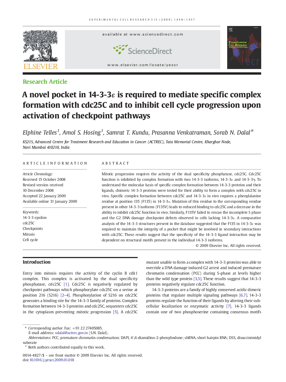 A novel pocket in 14-3-3ɛ is required to mediate specific complex formation with cdc25C and to inhibit cell cycle progression upon activation of checkpoint pathways