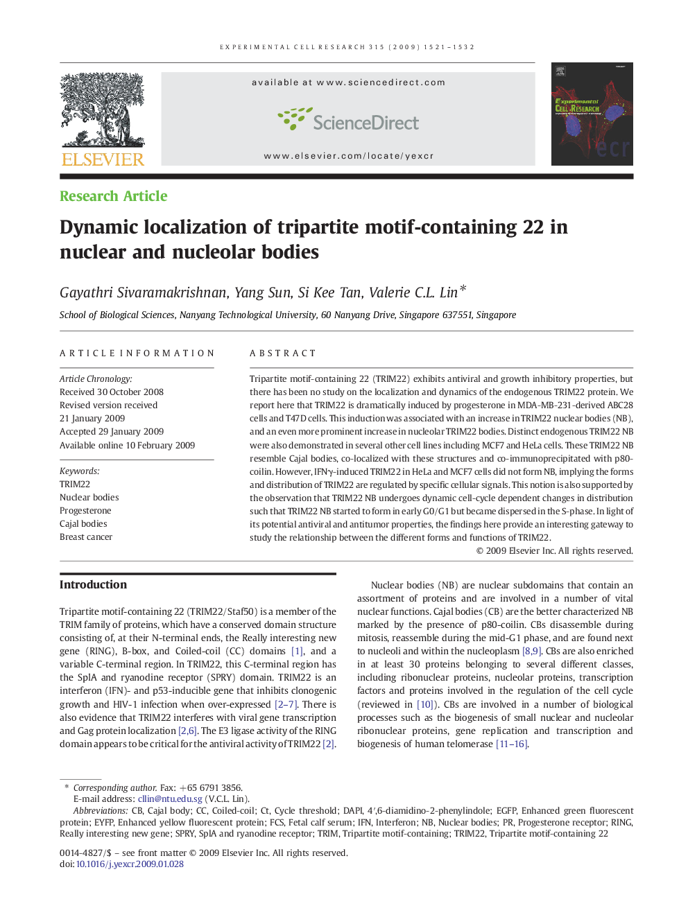 Dynamic localization of tripartite motif-containing 22 in nuclear and nucleolar bodies