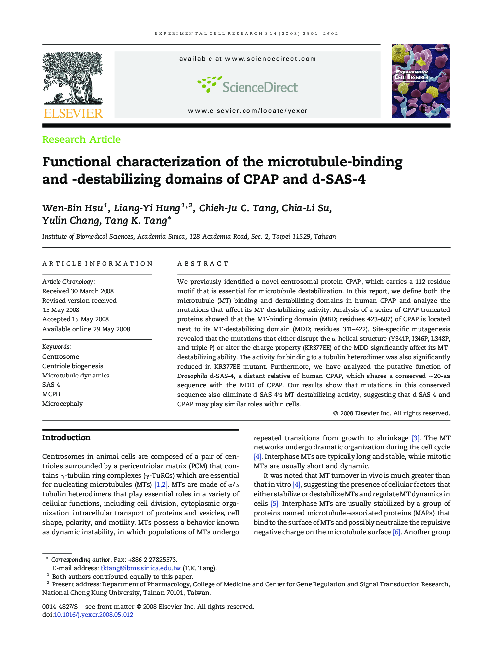 Functional characterization of the microtubule-binding and -destabilizing domains of CPAP and d-SAS-4