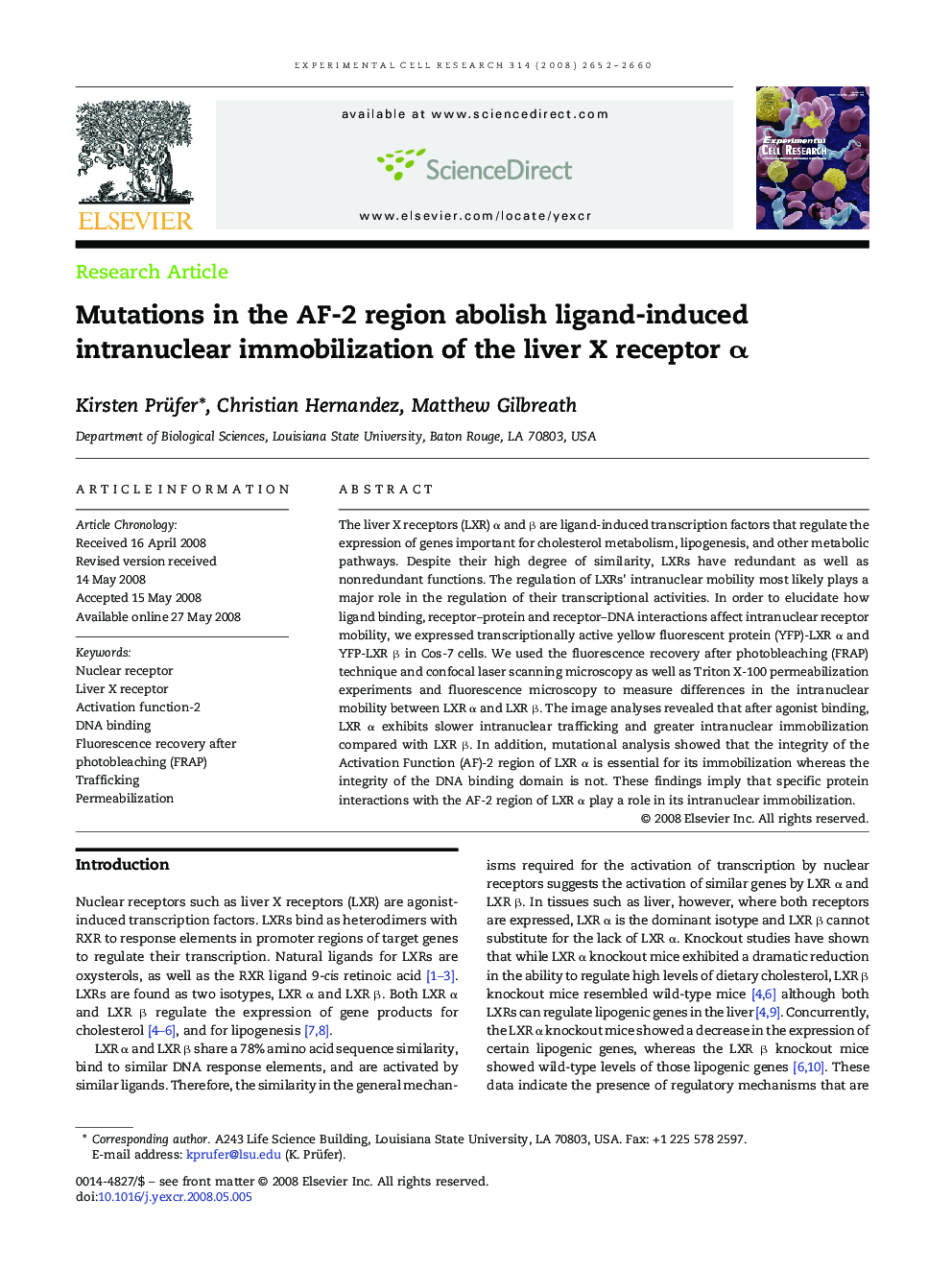 Mutations in the AF-2 region abolish ligand-induced intranuclear immobilization of the liver X receptor α