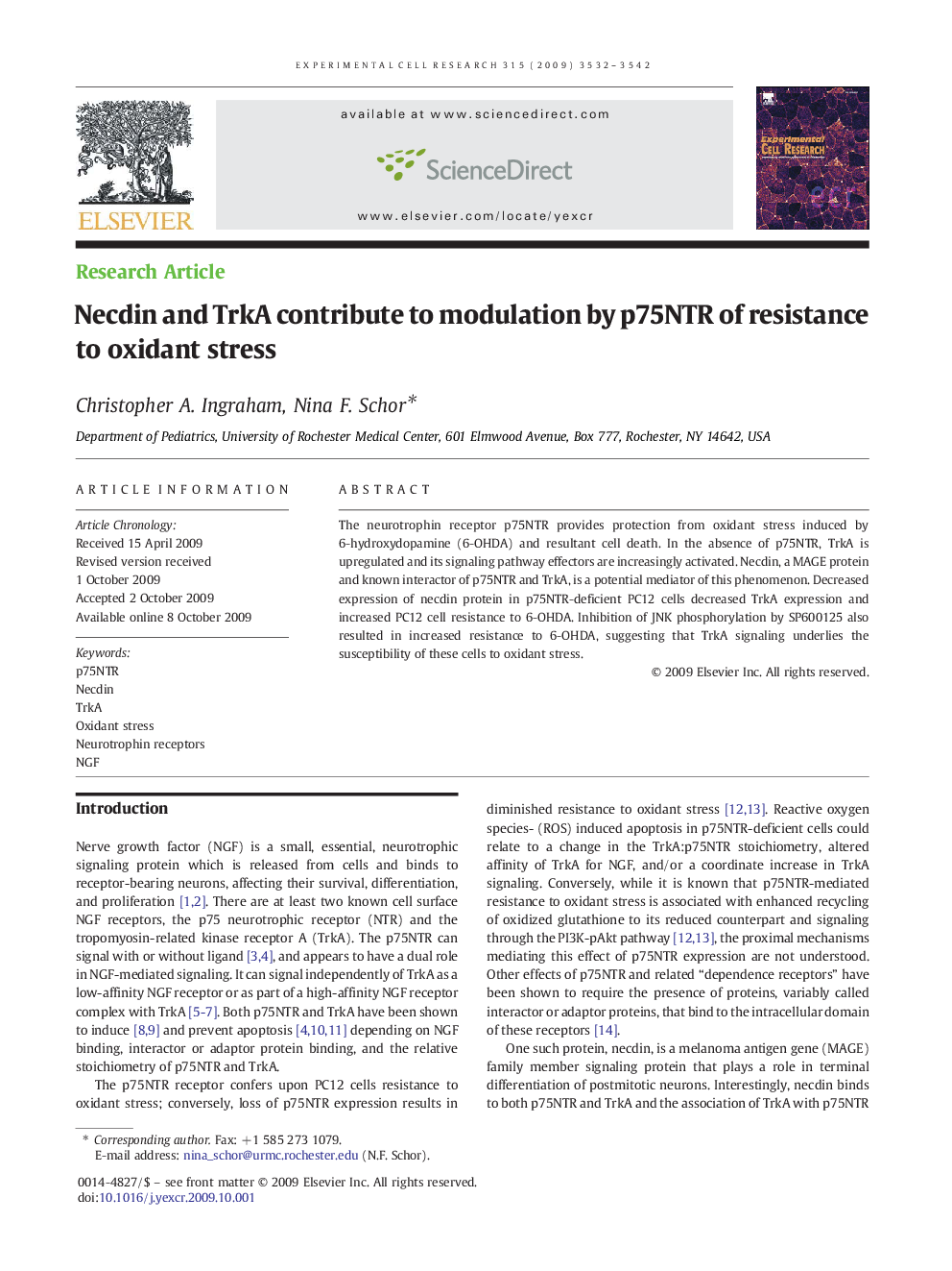 Necdin and TrkA contribute to modulation by p75NTR of resistance to oxidant stress