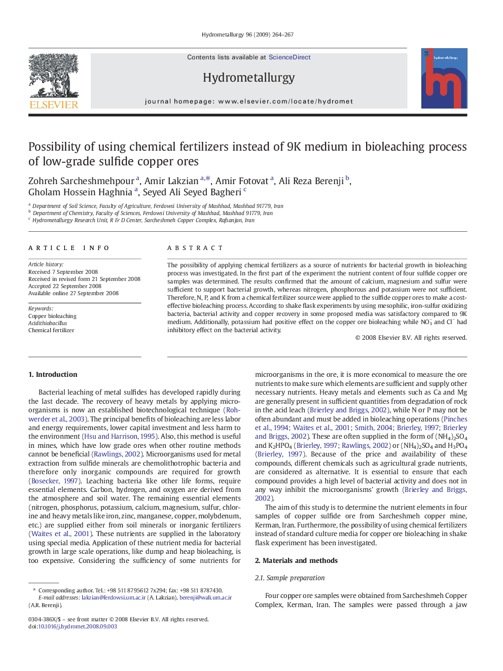 Possibility of using chemical fertilizers instead of 9K medium in bioleaching process of low-grade sulfide copper ores