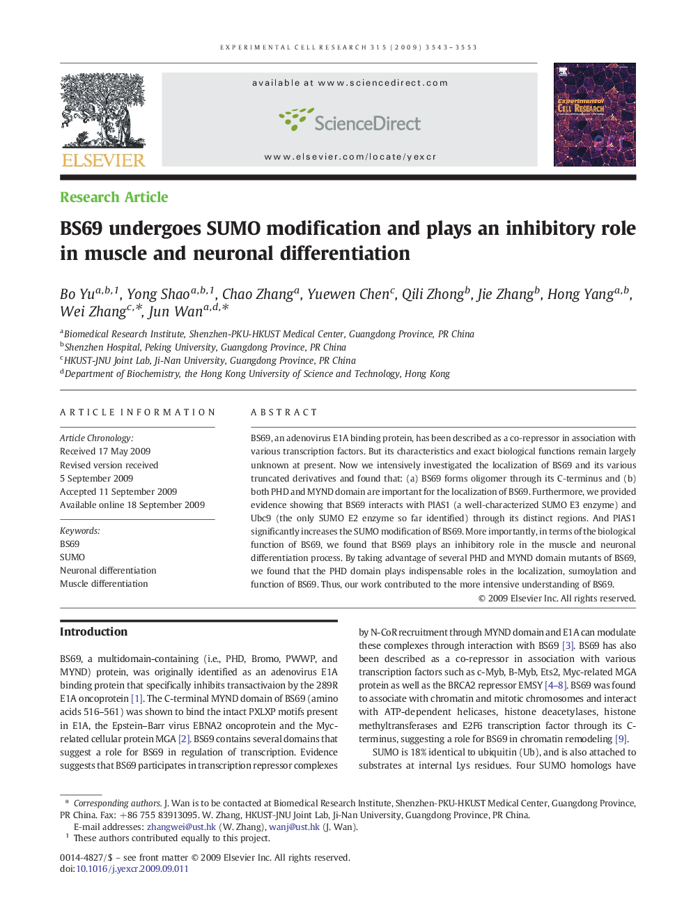 BS69 undergoes SUMO modification and plays an inhibitory role in muscle and neuronal differentiation