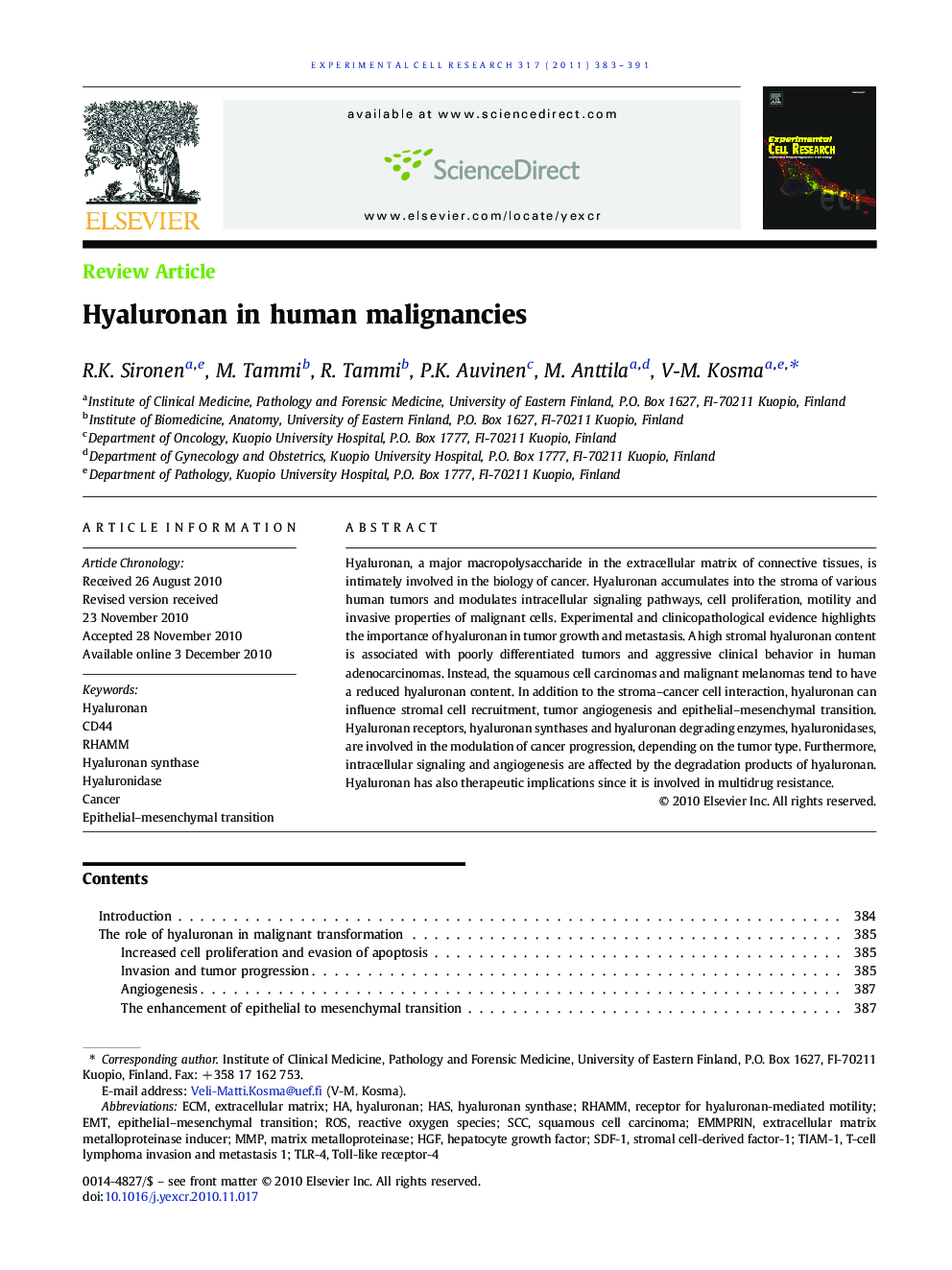 Hyaluronan in human malignancies